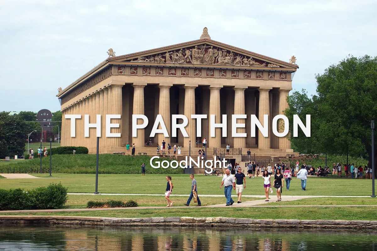 A vibrant scene at Centennial Park, highlighting the iconic Parthenon replica surrounded by lush green lawns and walking paths. Visitors can be seen enjoying the outdoors, walking, and taking in the sights, with the park’s lively atmosphere and natural beauty on full display.