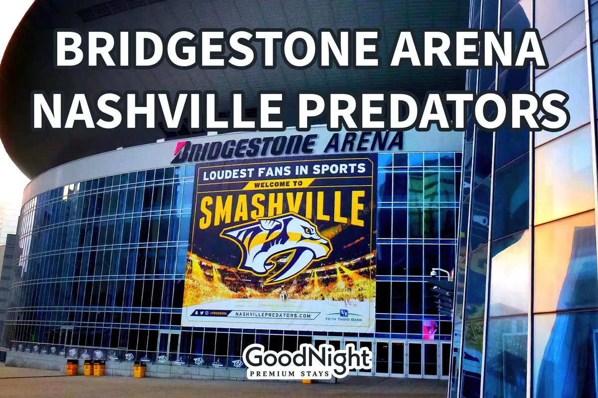 The front facade of Bridgestone Arena with the Nashville Predators logo and a welcoming banner. People are gathered outside, hinting at upcoming sports or concert events, and the mood is buzzing with anticipation.